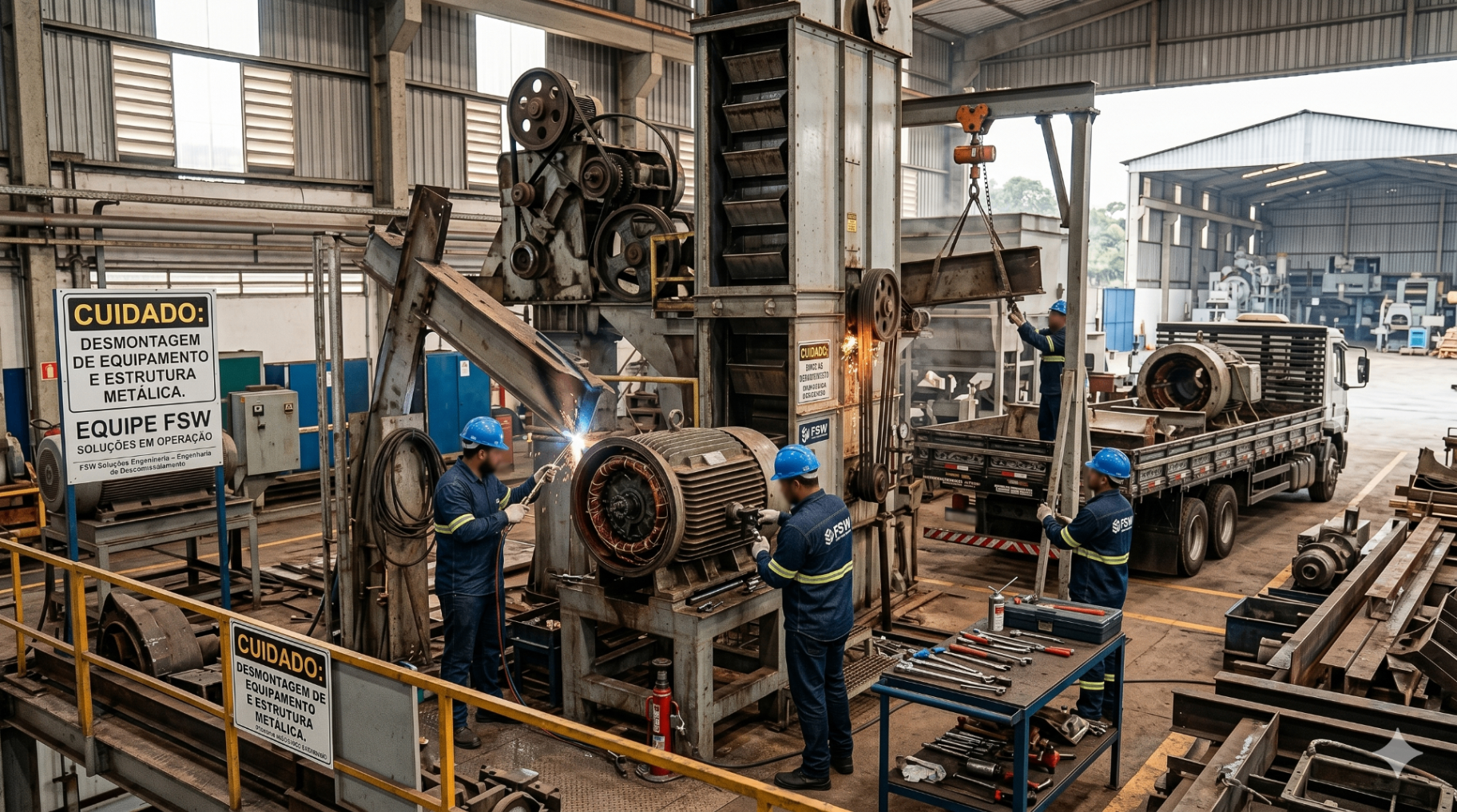 Equipe FSW em operação industrial — desmontagem e manutenção de equipamentos